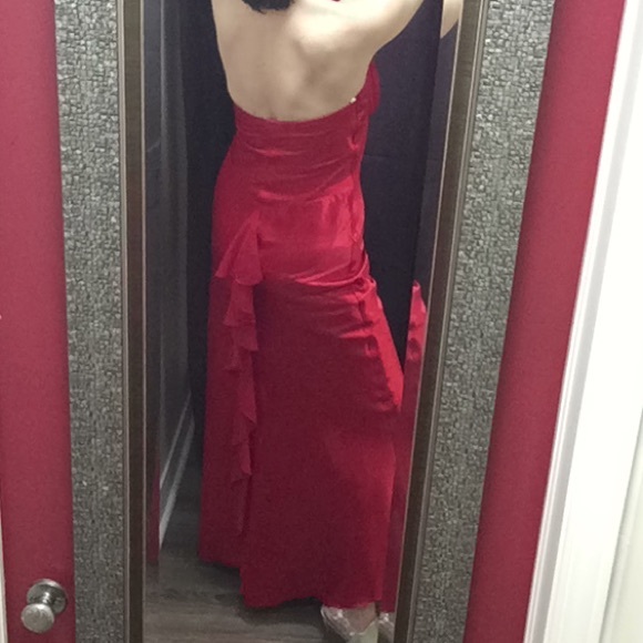 Red silky evening gown, sheer top, flare bottom - Picture 2 of 14